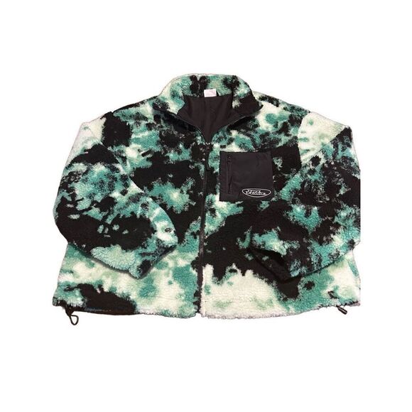 No Fear x H&M Women Jacket Green Tie Dye Sherpa Full Zip Logo Oversized Sz M - Picture 1 of 9